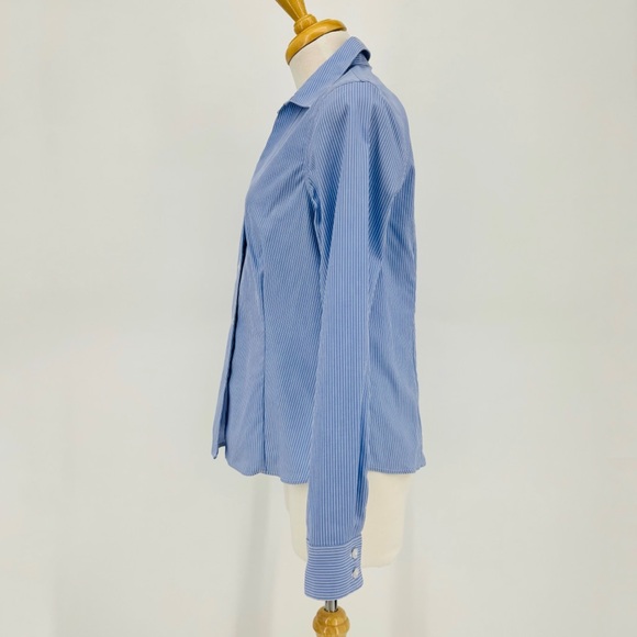Anne Klein Blue and White Pinstriped Non-Iron Long Sleeve Button Down Top, Small - Picture 4 of 16